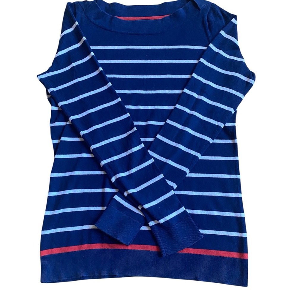 Nautica Blue and Red Striped Off-the-Shoulder Sweater